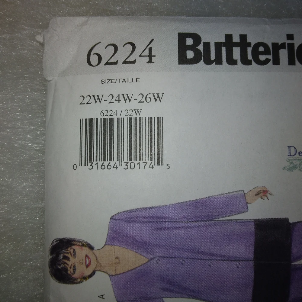 BUTTERICK 6224 Fast & Easy Woman's Tunic, duster, and pants Size 22W-24W-26W